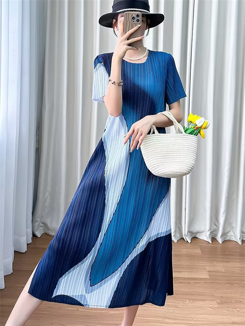 Robes de soirée pour femmes, col rond, couleur assortie, tempérament confortable, Design ample, robe ample plissée, été