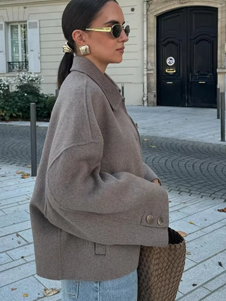 Manteau en laine gris décontracté pour femme, Chic, revers, manches longues, poches à simple boutonnage, veste courte, pardessus de rue, automne