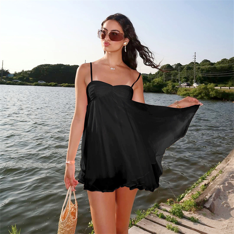 Nouvelles Robes Courtes Amples en Mousseline Élégantes pour Femmes – Robe Décontractée Simple à Bretelles pour l'Été, Idéale pour la Plage et les Vacances (Rose, Noir)