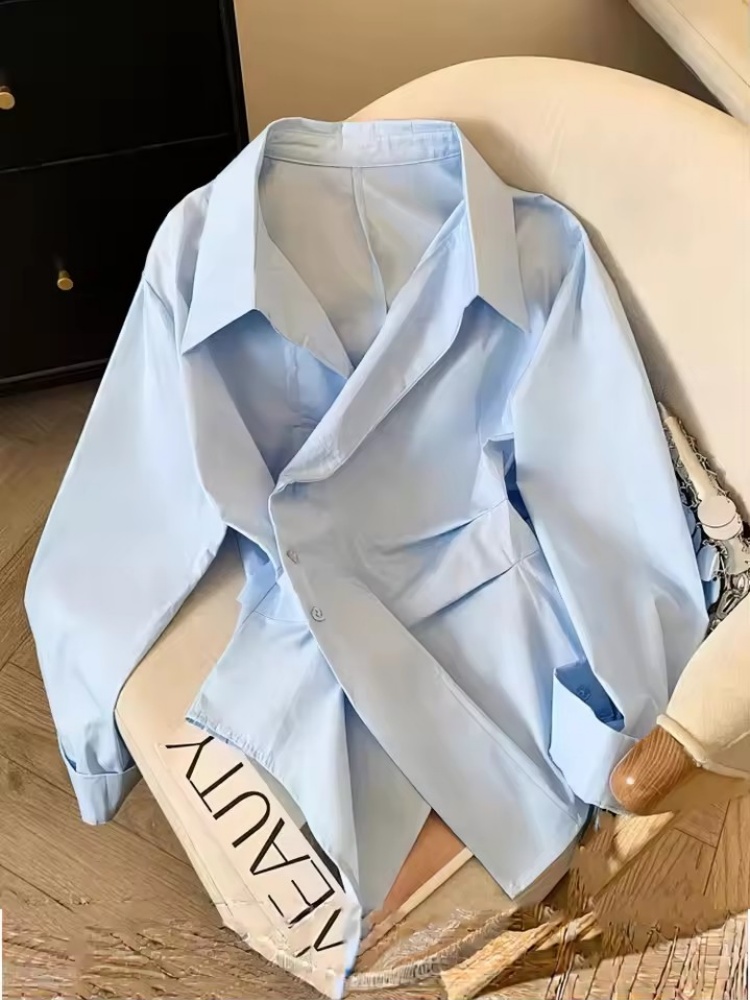 Chemise polo chic à manches longues irrégulière pour femmes, haut blanc élégant de base, chemisier, vêtements de travail tendance pour femmes