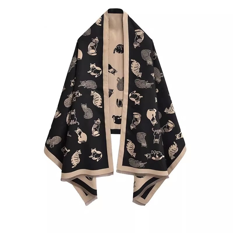 Écharpe Épaisse à Motif Chat pour Filles, Nouvelle Collection Hiver, Style Collège, Mignonne et Tendance, Châle Chauffant pour le Cou