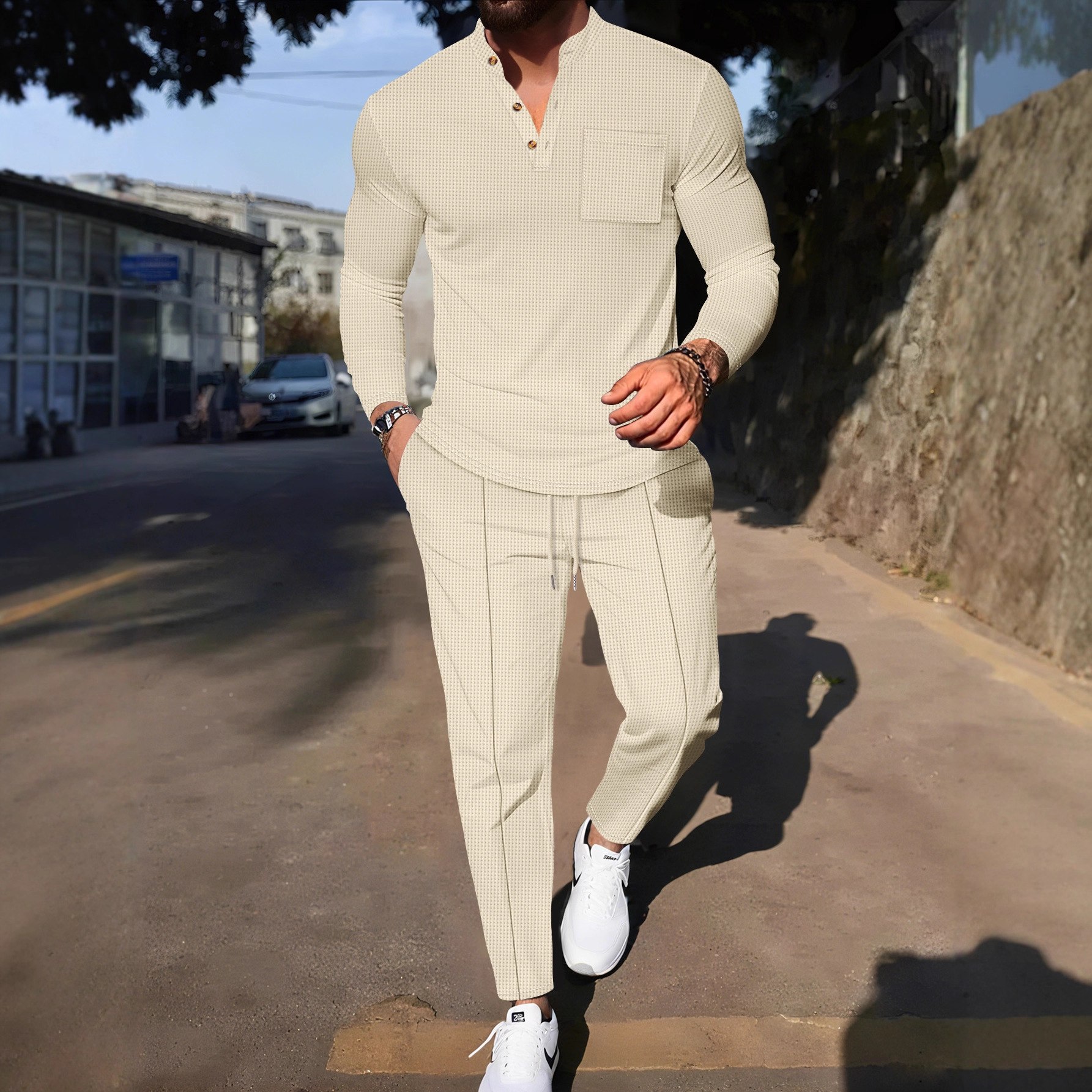 Ensemble semi-casual pour homme : chemise boutonnée à col montant et motif gaufré avec pantalon confortable (1 ou 2 pièces)