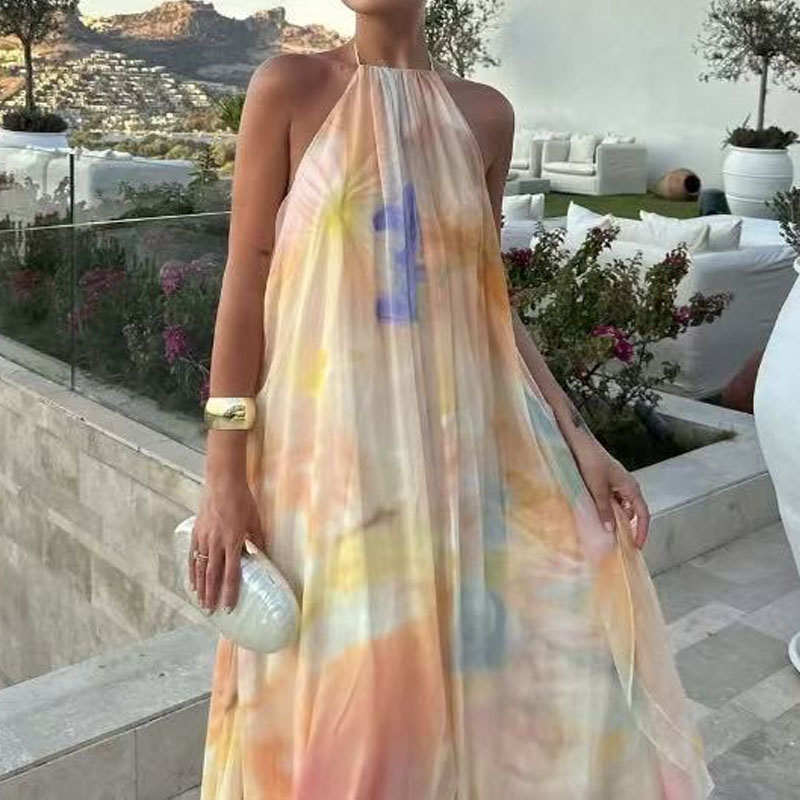 Robe bohème ample imprimée pour femmes, motif à la mode, Sexy, dos nu, ajourée, robe de soirée élégante, col licou, sans manches, longue robe de vacances