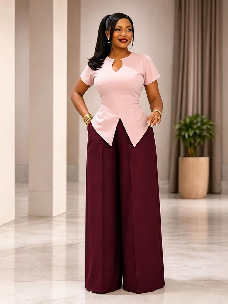 Ensemble élégant 2 pièces pour femme style africain : haut ajusté et pantalon large – Tenue professionnelle estivale pour femme – Ensembles assortis pour le quotidien