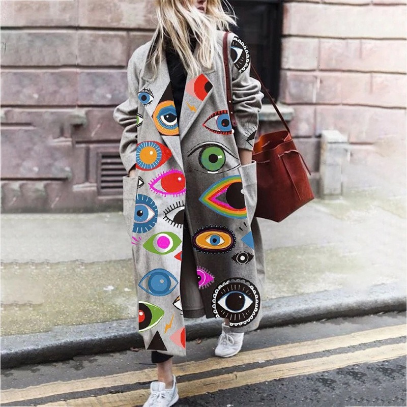 Femmes élégantes pardessus nouveau 2025 automne hiver col rabattu bouton poches impression couleur chaud régulier manches longues manteau