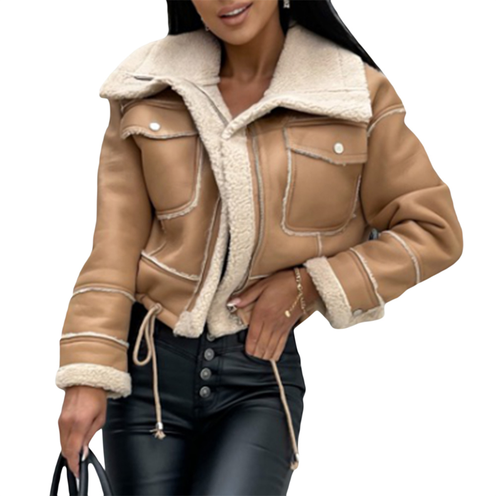 Veste en peluche patchwork PU pour femme, manches longues, fermeture éclair, combinaison courte, streetwear chaud avec poches, vêtements d'extérieur à la mode, hiver
