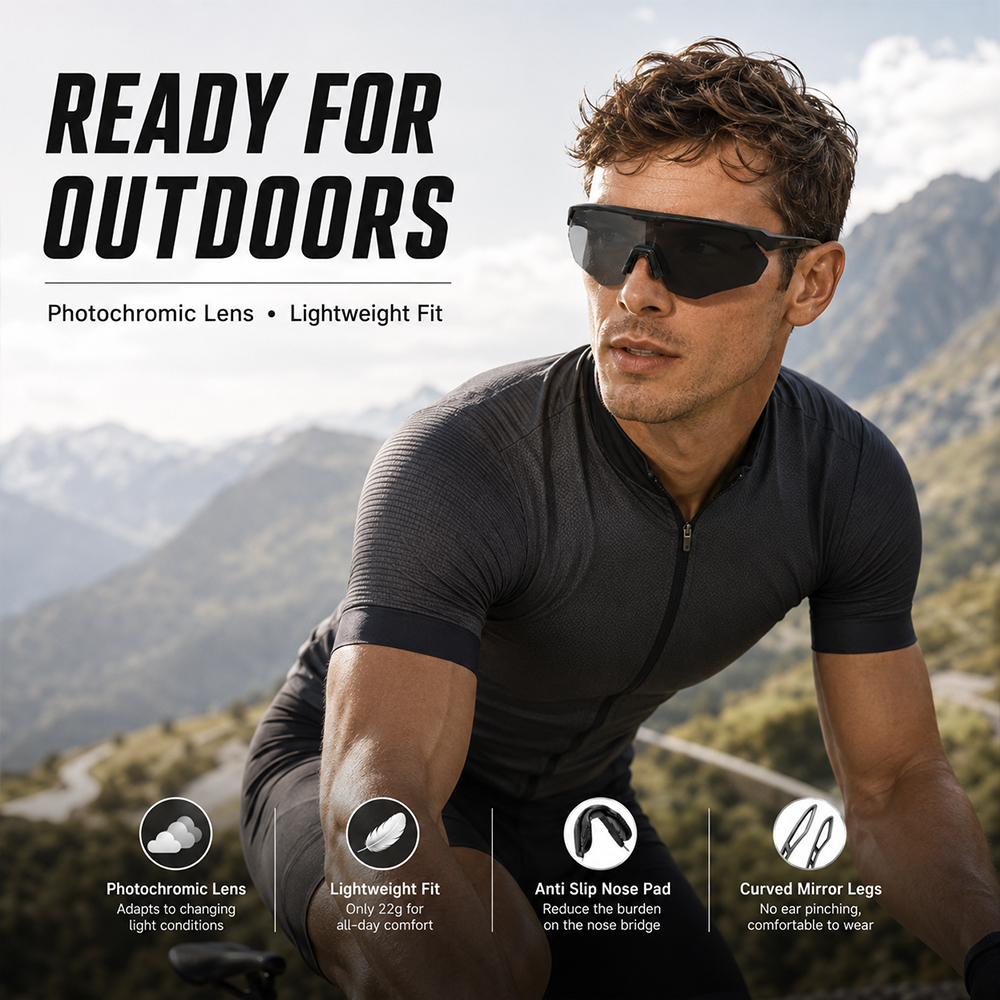 Lunettes de soleil photochromiques pour le cyclisme, hommes et femmes, sans monture, lunettes de sport UV400, pour la conduite en plein air, la pêche, anti-vent, lunettes de soleil