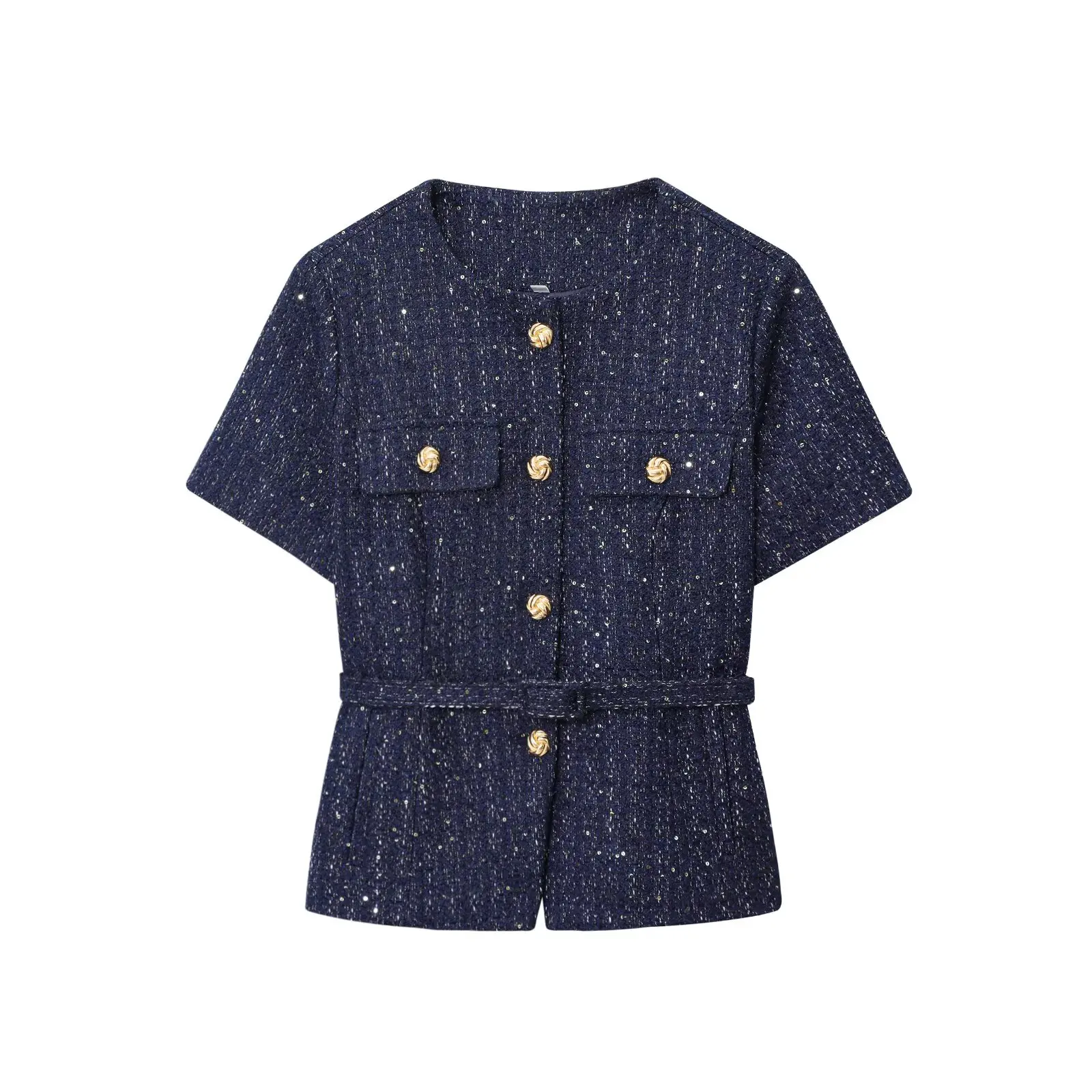 Femmes 2025 mode bleu Tweed Blazer manteau avec ceinture femme à manches courtes vêtements d'extérieur