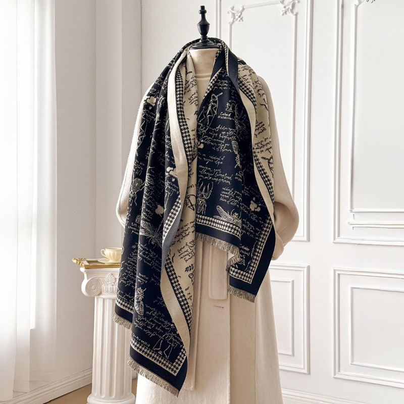 Écharpe rétro pour femmes à imprimé insectes, double face, à larges franges, anti-froid, pour un usage quotidien.