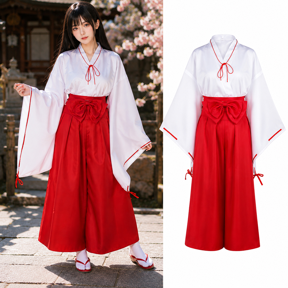 Costume de cosplay d'Inuyasha Kikyo, kimono de la servante du sanctuaire Miko, hakama rouge, tenue de cosplay pour femmes, costume d'Halloween et de carnaval.