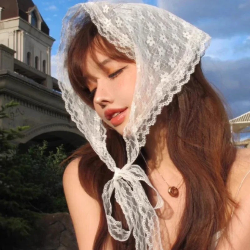Foulard de tête rétro à motif floral pour femmes et filles, foulard carré, bandeau, coiffe pastorale coréenne et française, accessoire de tête d'été en dentelle