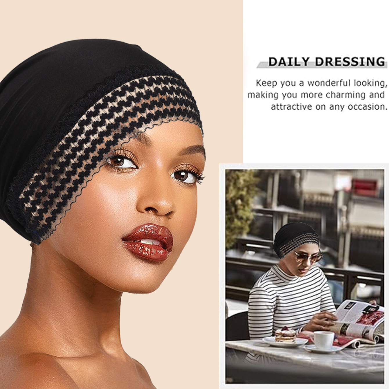 Turban pré-noué pour femme, hijab ajouré en dentelle, élastique, doux, respirant, couvre-cheveux, foulard quotidien pour chimiothérapie