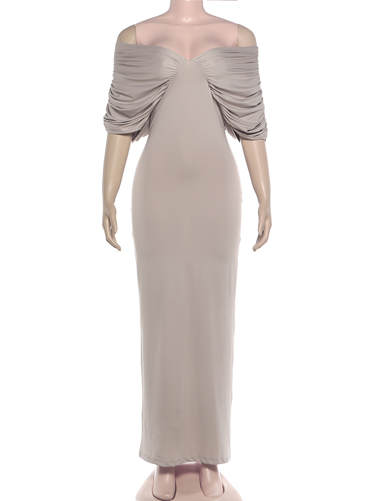 Robe longue élégante froncée Kliou pour femme, col bateau, dos nu, demi-manches, taille haute, style décontracté quotidien, simple et tendance, Vestidos