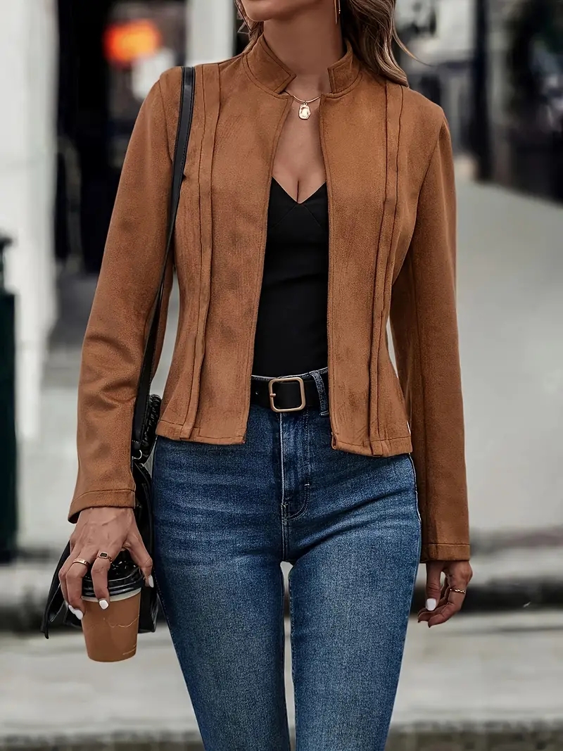 Veste courte en daim pour femme, col montant, ouverte sur le devant, avec détail plissé, pour l'automne et l'hiver, style décontracté