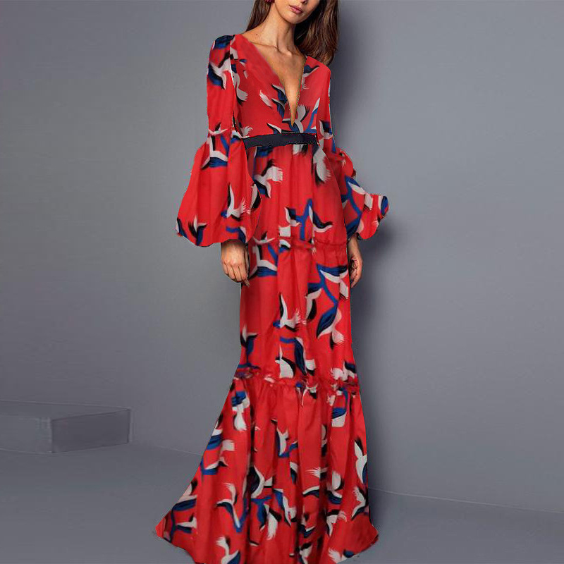 Robe longue de soirée élégante pour femmes, Sexy, décolleté en V profond, imprimé floral, Vintage, manches lanternes, plissée, style bohème, 2023