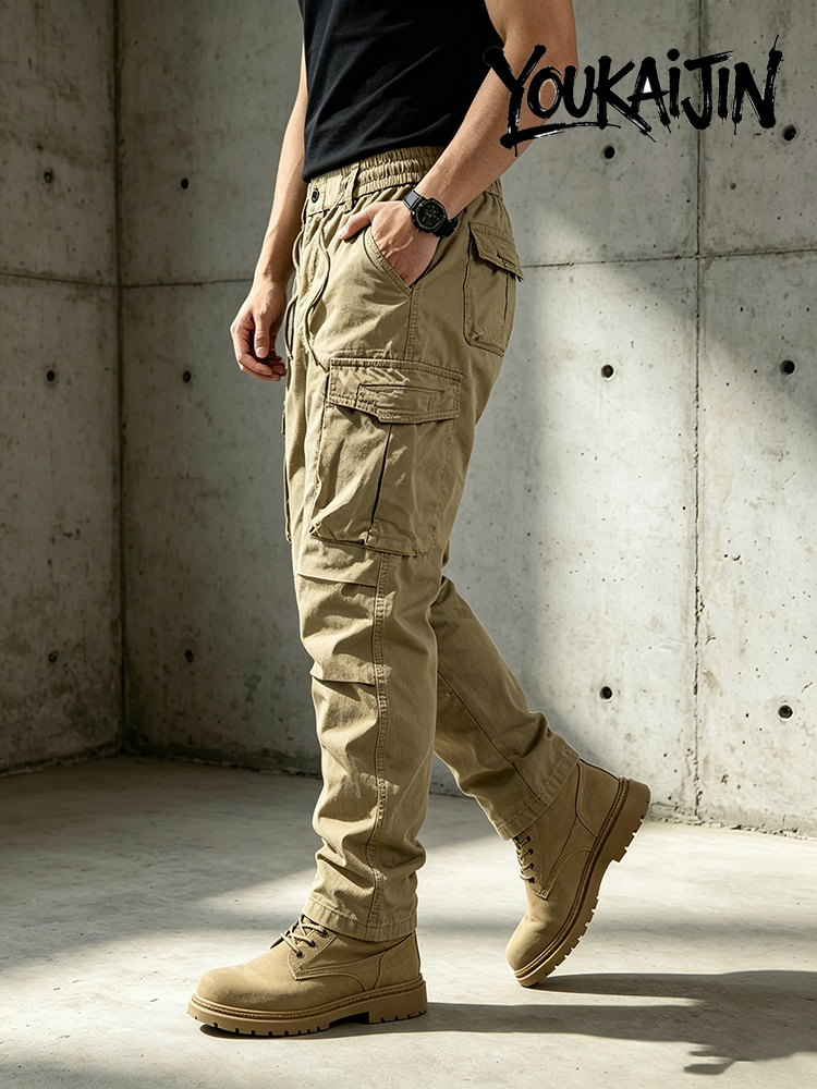 Pantalon cargo en coton pour homme, kaki, décontracté, tactique, multi-poches, noir, gris clair, pantalon de travail