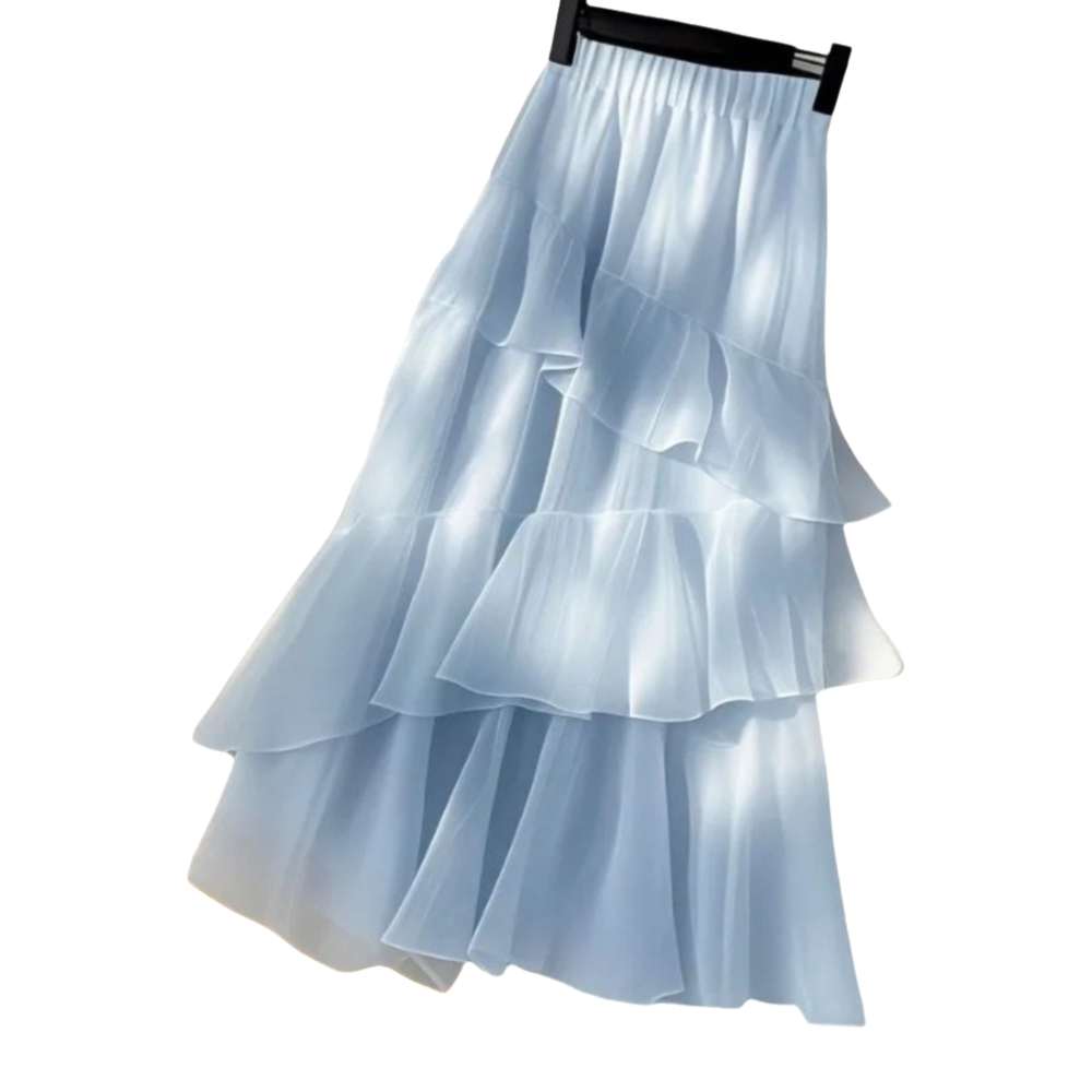 Jupe longue bleue tendance à volants, taille haute, coupe trapèze, style décontracté, jupe à étages pour femme