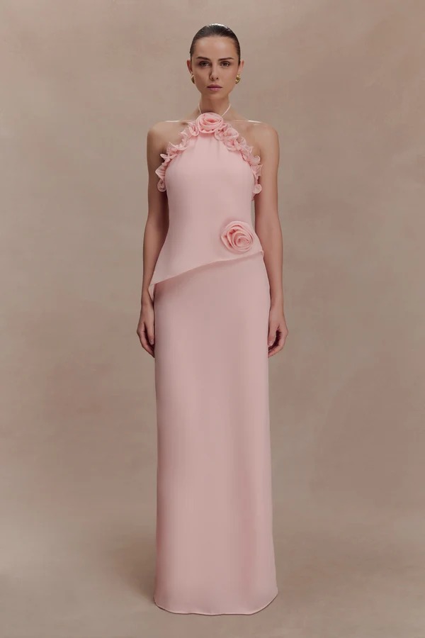 Robe longue florale élégante pour femme, robe maxi rose à volants et dos nu, robe de soirée, invitée de mariage, robe de bal 2026, robe de demoiselle d'honneur, nouvelle collection