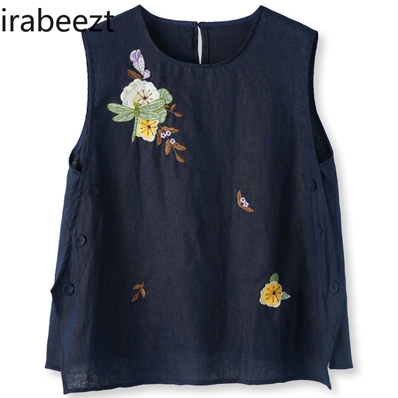 Gilet brodé en lin de Style chinois pour femmes, sans manches, ample, style Boho, tunique décontractée, débardeur d'été pour femmes