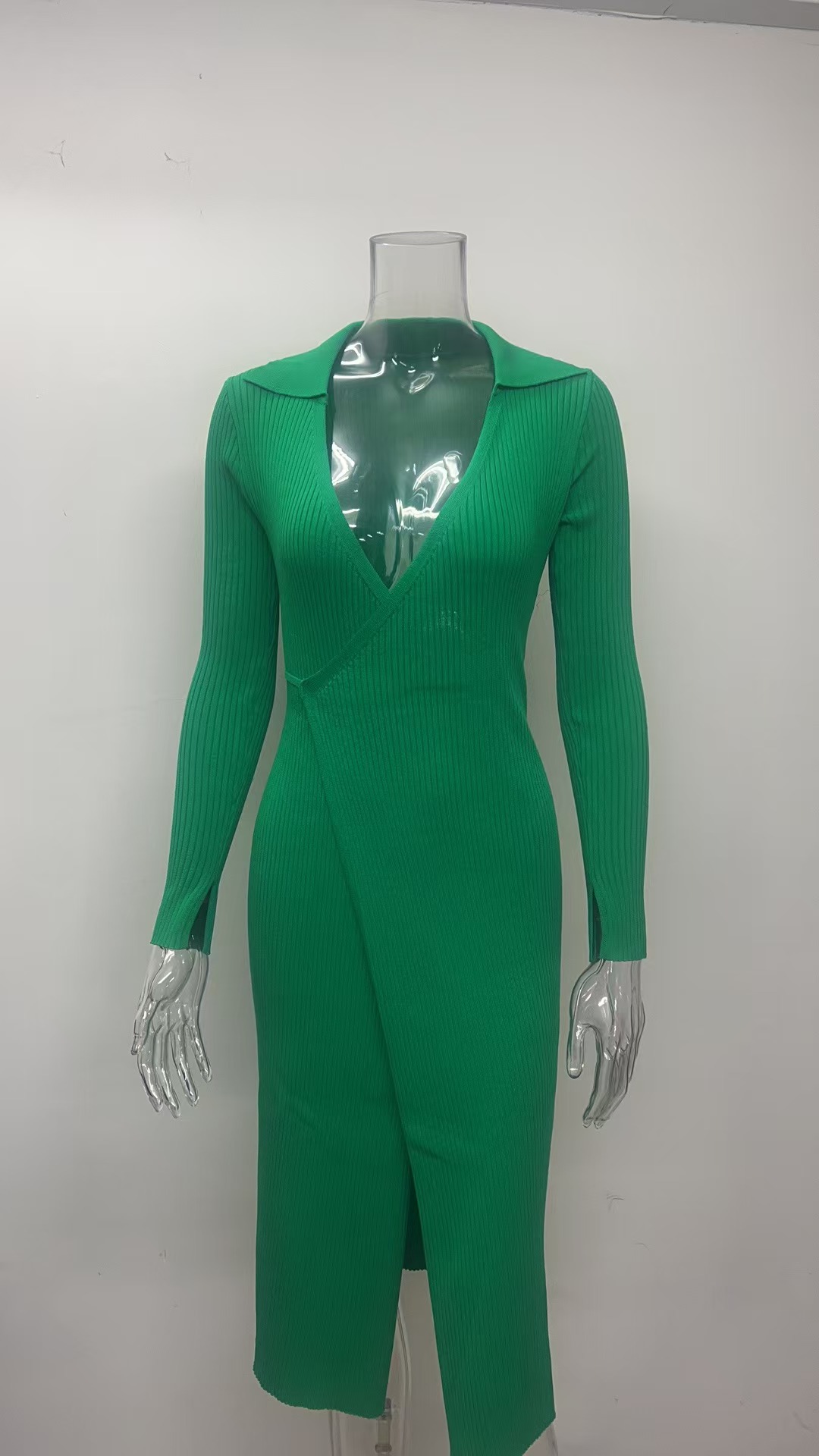 Robes tricotées femmes tricot robe longue à lacets col rabattu robe Maxi fendue robes Vintage Sexy automne hiver 2025