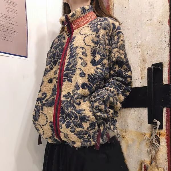 Veste chaude zippée décontractée rétro en polaire japonaise pour l'automne et l'hiver, style Tang Grass Tide