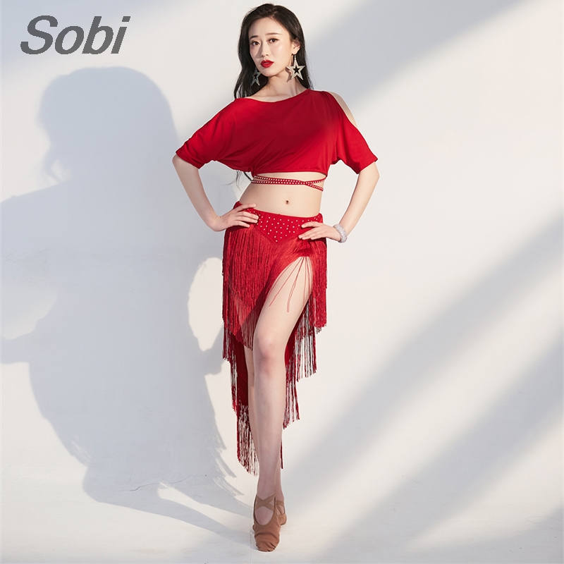 Ensemble de costumes de danse du ventre Sexy pour femmes, haut + jupe à franges, vêtements d'entraînement de classe, tenue de spectacle de danse du ventre orientale de déesse