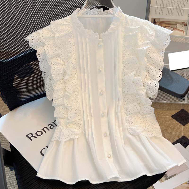 Mode manches volantes chemises blanches Vintage sans manches à volants dentelle Blouse pour femme femme élégant décontracté doux hauts 27709