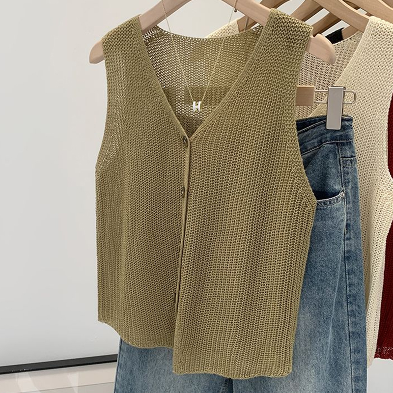 Gilet d'été coréen en coton et lin pour femmes, mode décontractée, couleur unie, ample, col en v