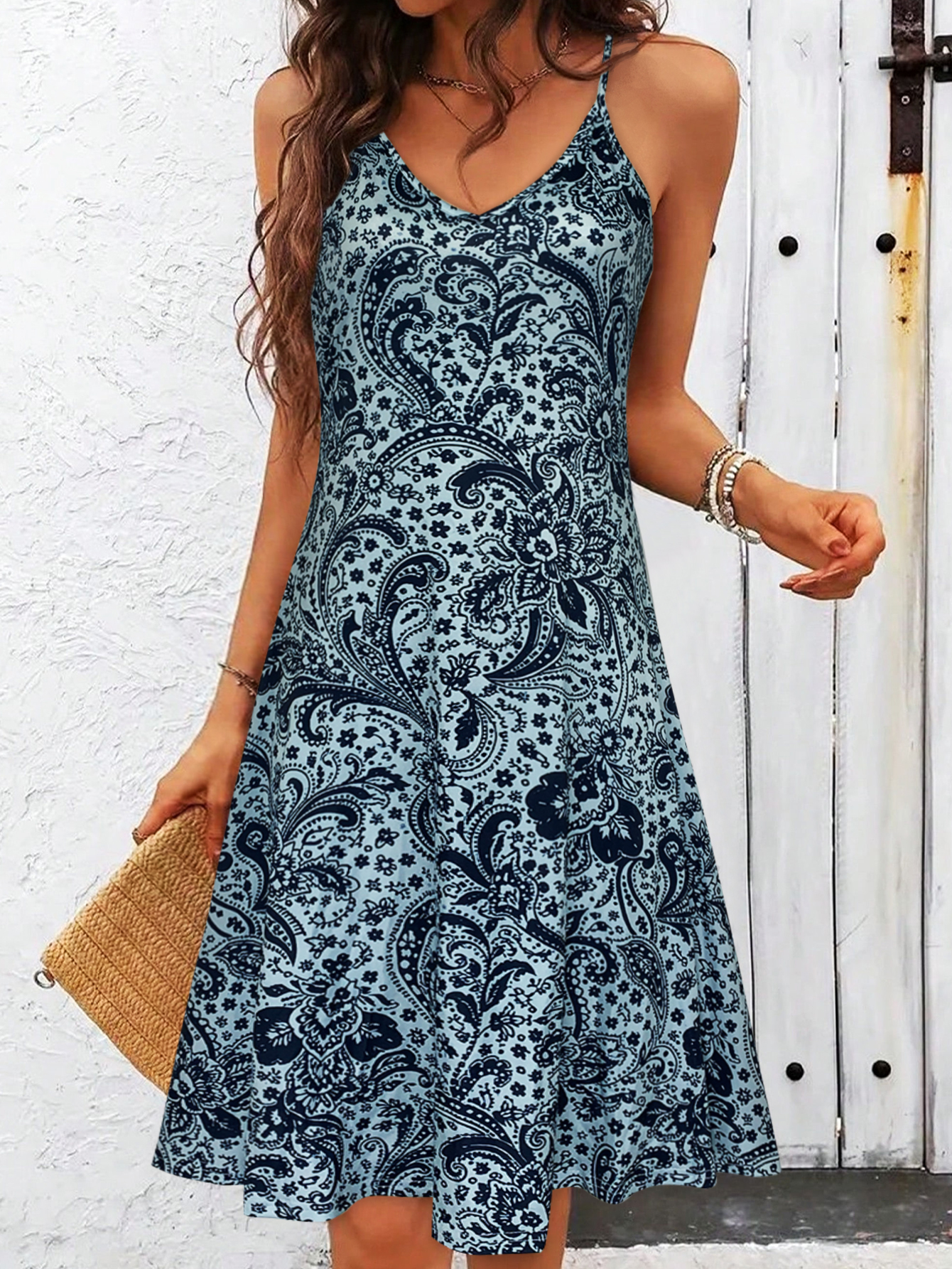 Robe camisole bleue à imprimé cachemire pour femme, robe d'été décontractée à col en V sans manches, coupe évasée pour femme