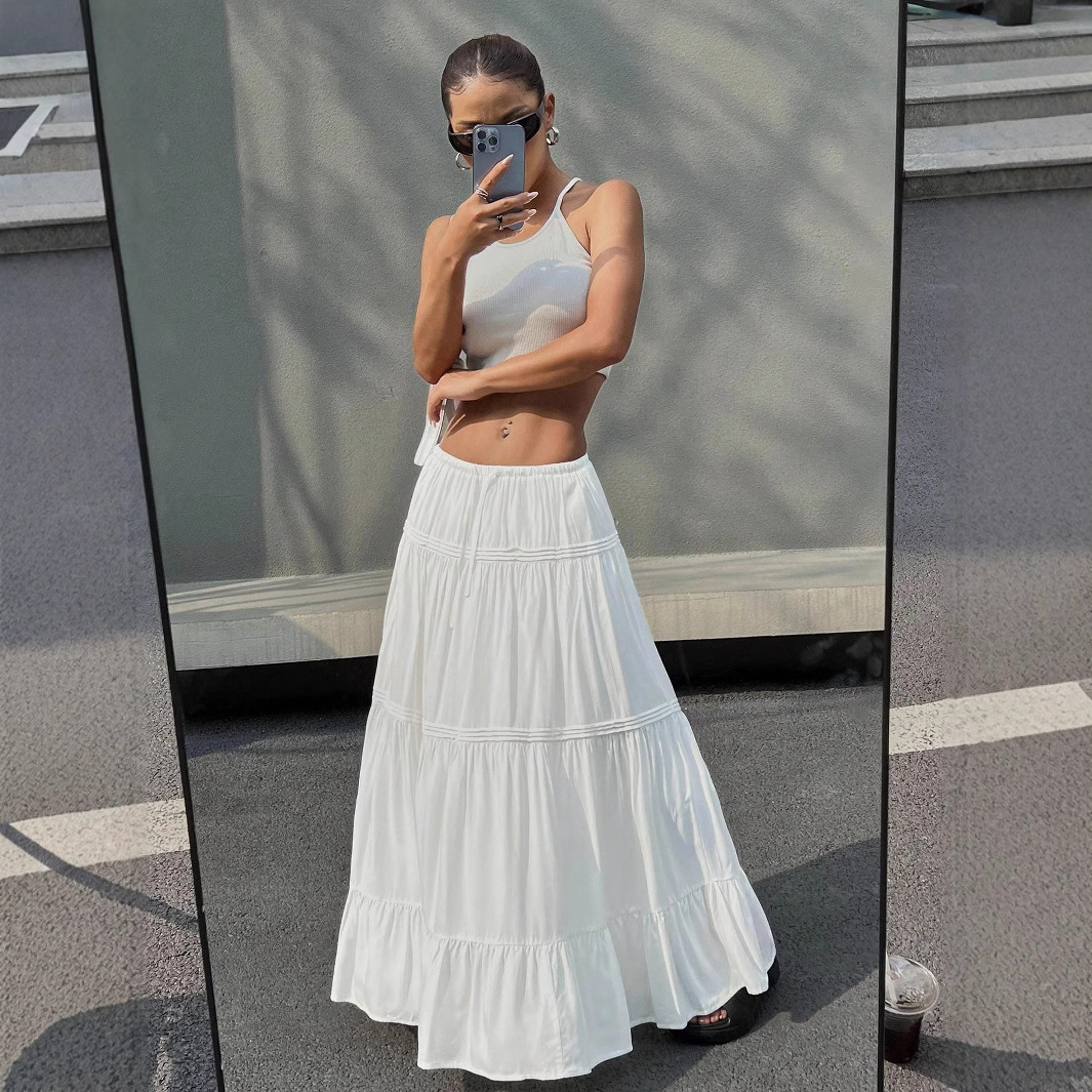 Jupes longues femmes une ligne gâteau jupe coupe ajustée à lacets taille haute blanc élégant fête Y2k Streetwear décontracté plage 2025 été