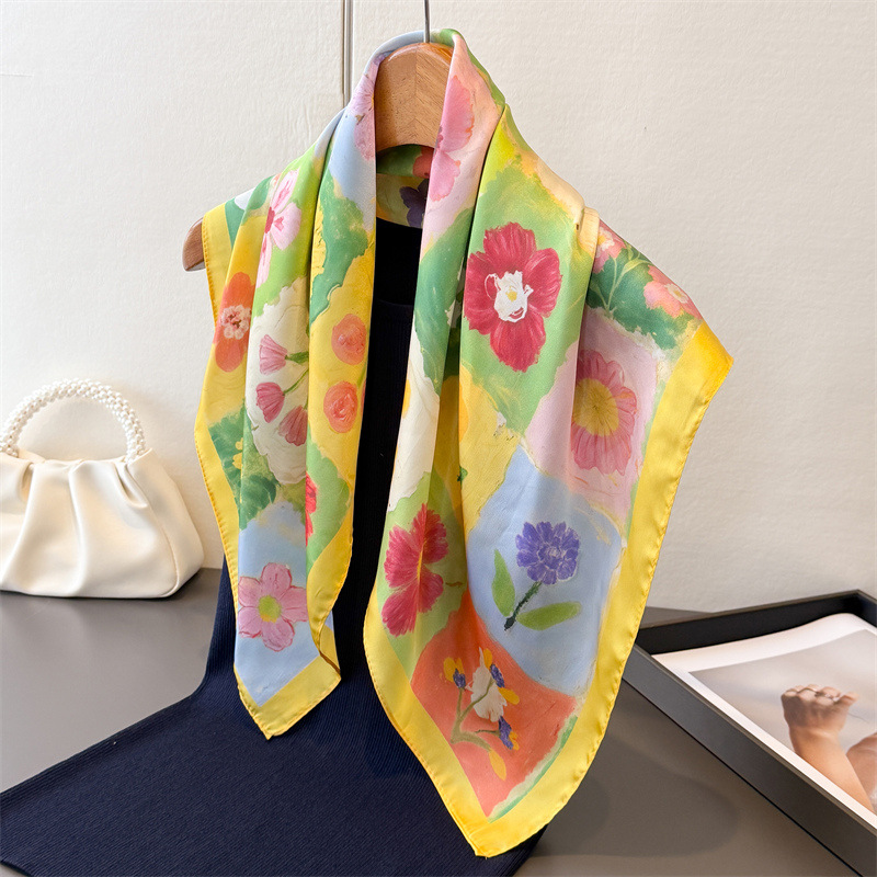 Écharpe carrée florale de luxe pour femmes, élégante, hijab, foulard, châle, en soie imitation douce et résistante aux taches, pour les voyages