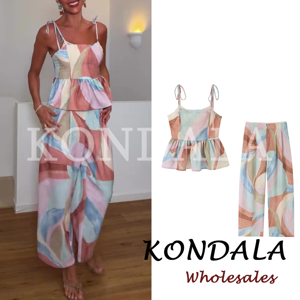 KONDALA Fashion 2026 Ensemble décontracté imprimé pour femme, idéal pour les vacances à la plage : débardeur slim et pantalon long à jambes larges, élégant pour femme
