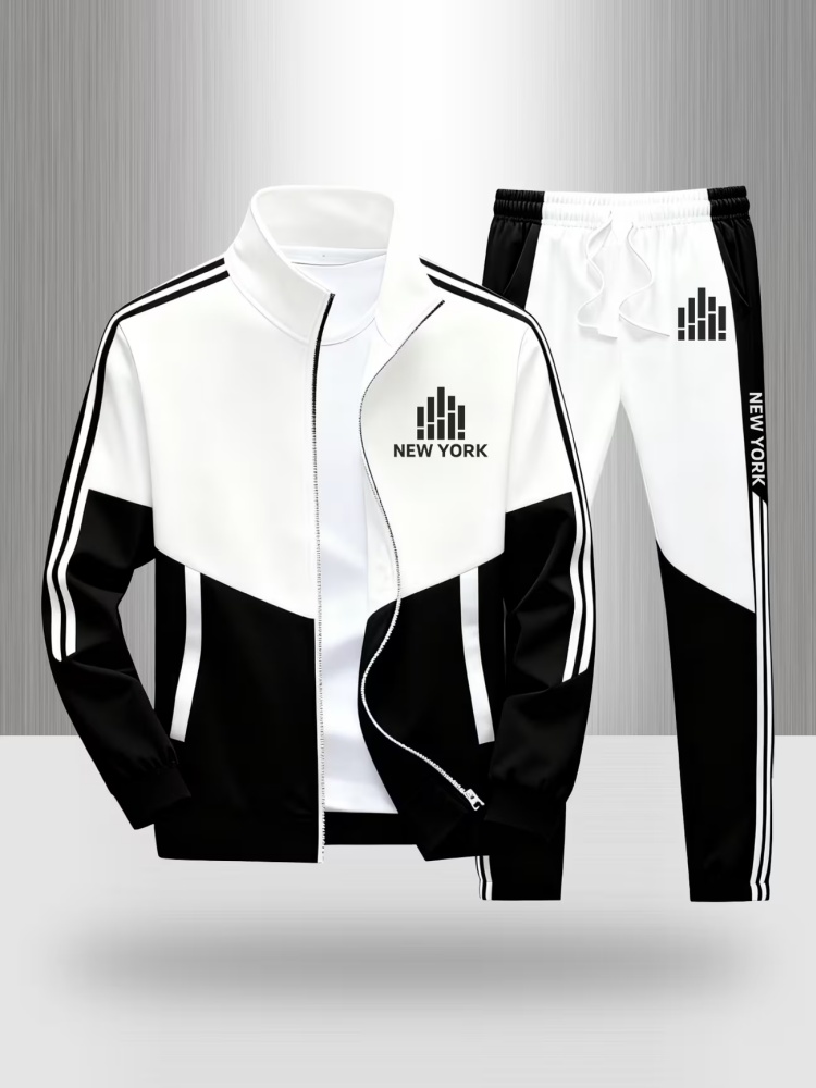 Ensemble de survêtement pour homme, veste zippée et pantalon de jogging à blocs de couleurs, imprimé New York, tenue de sport décontractée en deux pièces.