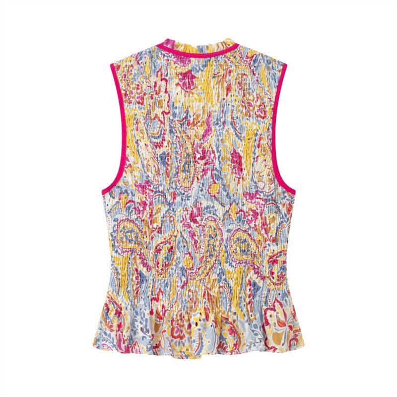 Ensemble jupe imprimée pour femme, haut sans manches à col rond avec boutons, jupe brodée ajourée à fermeture éclair, ensemble décontracté 2 pièces tendance pour l'été