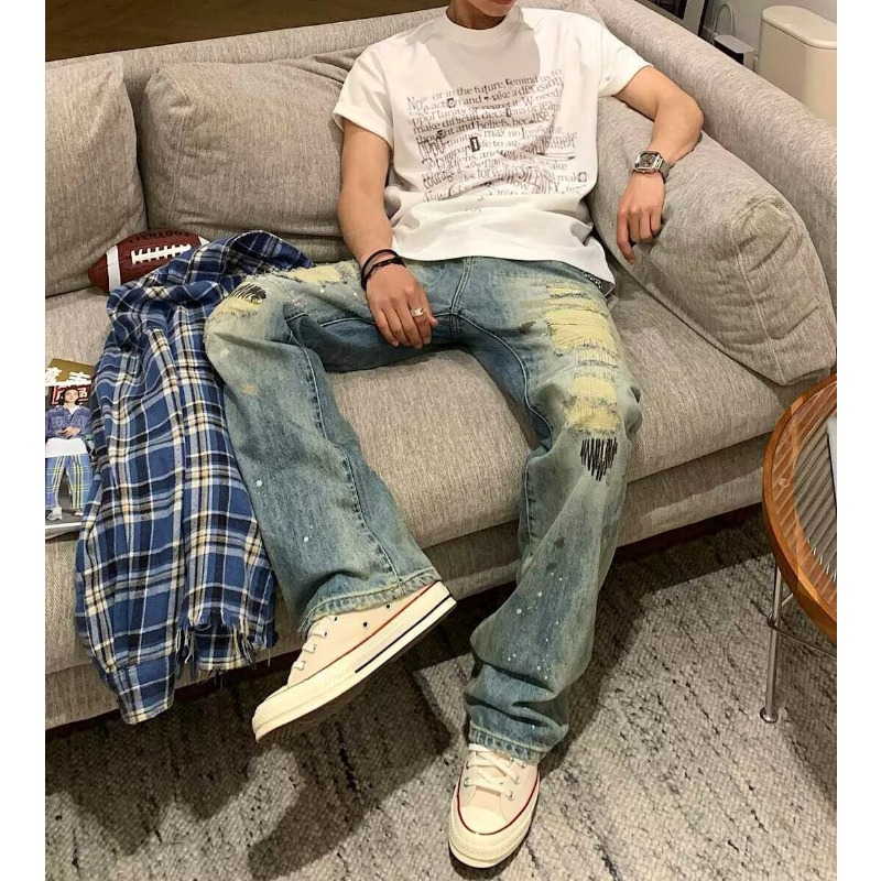 Jean pour homme vintage déchiré et délavé, coupe droite, broderie, style bootcut, bleu