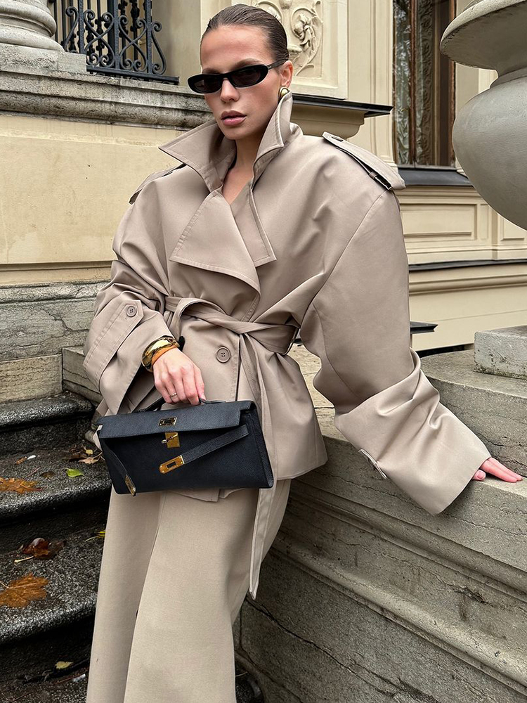 Femmes kaki ceinture courte coupe-vent élégant revers longues manches poches simple boutonnage manteau automne dame décontracté quotidien veste de rue