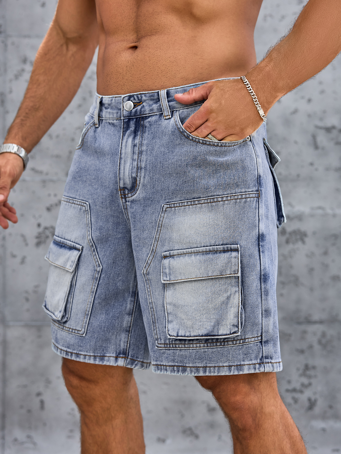 Shorts en jean pour homme, coupe slim, extensible, vintage, bleu, style workwear