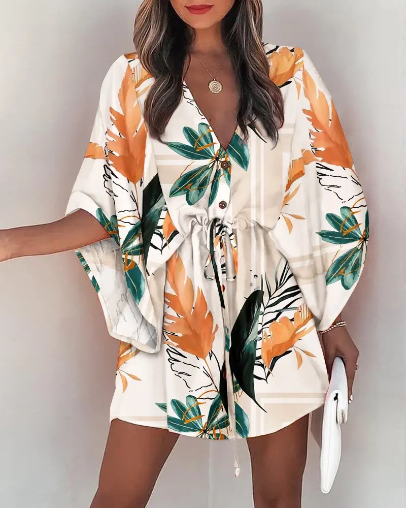 Robe d'été à imprimé floral pour femmes, manches chauve-souris, col en V, ourlet irrégulier à volants, vêtements féminins décontractés Boho, nouveau, 2024