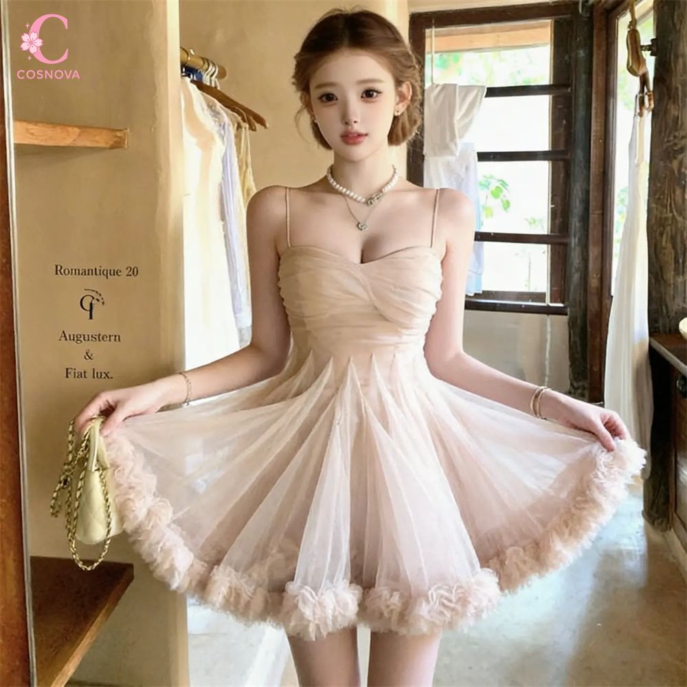 Robe Tutu Chic Française d'Été pour Femme avec Bretelles Fines, Taille Froncée, Tulle, Fleurs 3D et Ourlet à Volants – Style Quotidien et de Soirée