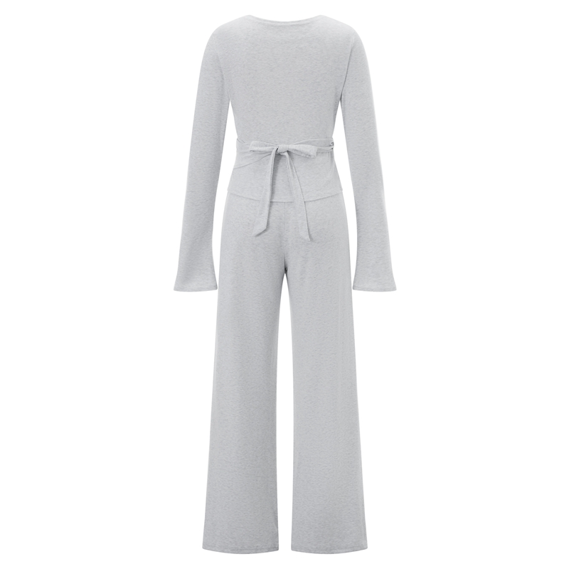 Ensemble de salon Vintage pour femmes, tenue 2 pièces, col en V, cravate à la taille, T-shirt + pantalon à taille élastique, haut court à manches longues, automne