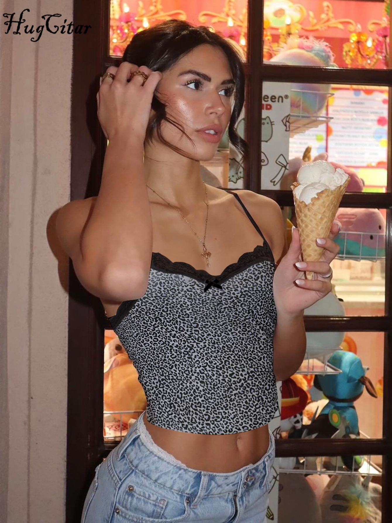 Hugcitar – Haut court sexy en dentelle patchwork à imprimé léopard avec nœuds, style Y2K, pour femme, idéal pour l'été, les tenues de festival et les soirées