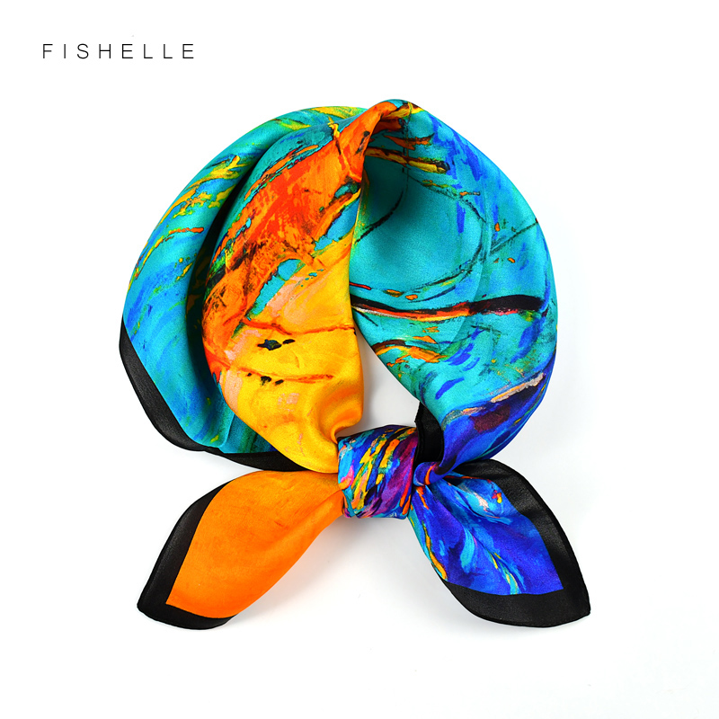 Foulards en soie naturelle pour femmes, peinture à l'huile, bleu et jaune, satin de soie véritable, petit carré de 50cm, écharpe fine, hijab pour dames, printemps