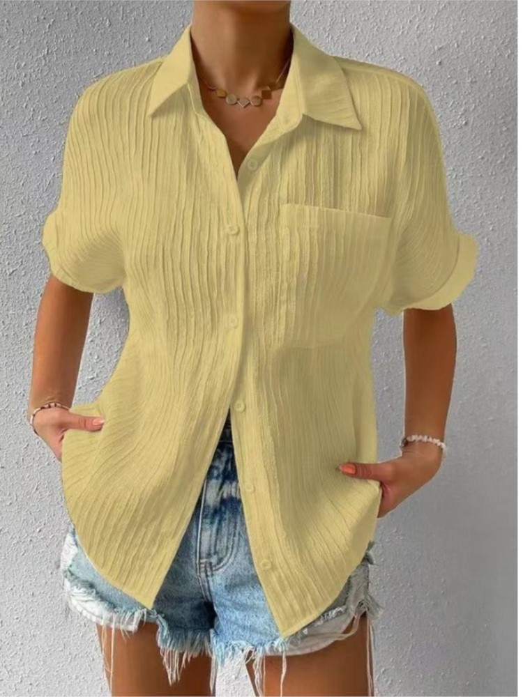 Chemisier de couleur unie pour femmes, chemises amples à manches courtes, col rabattu, vêtements coréens décontractés pour les déplacements, mode d'été