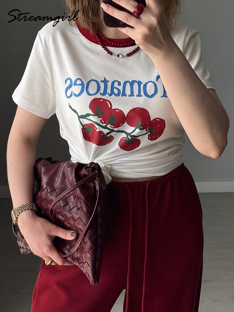 T-shirts d'été pour femmes, imprimés graphiques, coupe ajustée, motif tomates, hauts à manches courtes, color block, col rond, pour femmes