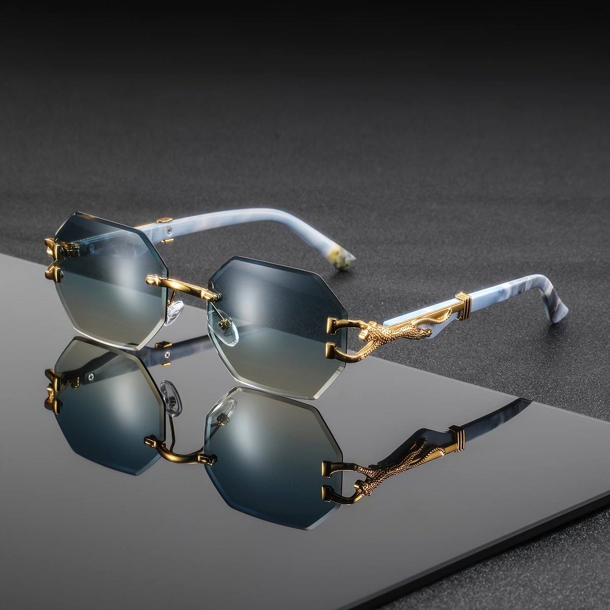 Lunettes de soleil carrées sans monture tendance et luxueuses, unisexes, avec décor léopard en métal sur les branches, pour hommes et femmes