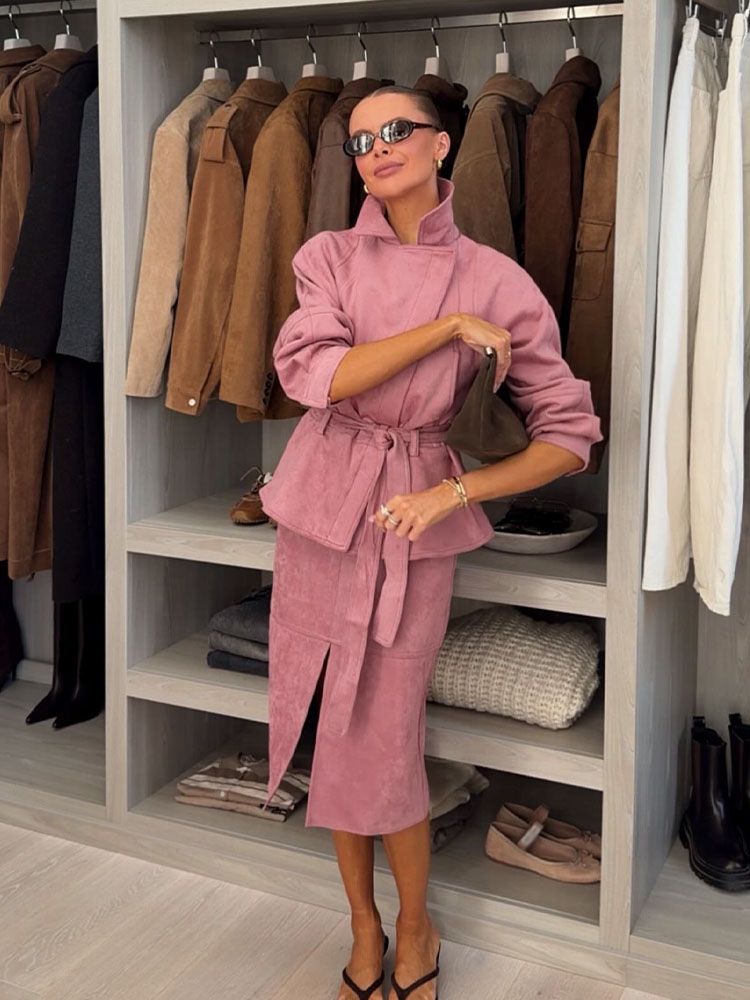 HH 2026 Nouvelle Collection Femme : Ensemble Élégant Veste Courte Unie à Fermeture Éclair Asymétrique et Ceinture Décorative + Jupe Mi-Longue Décontractée à Fente Latérale