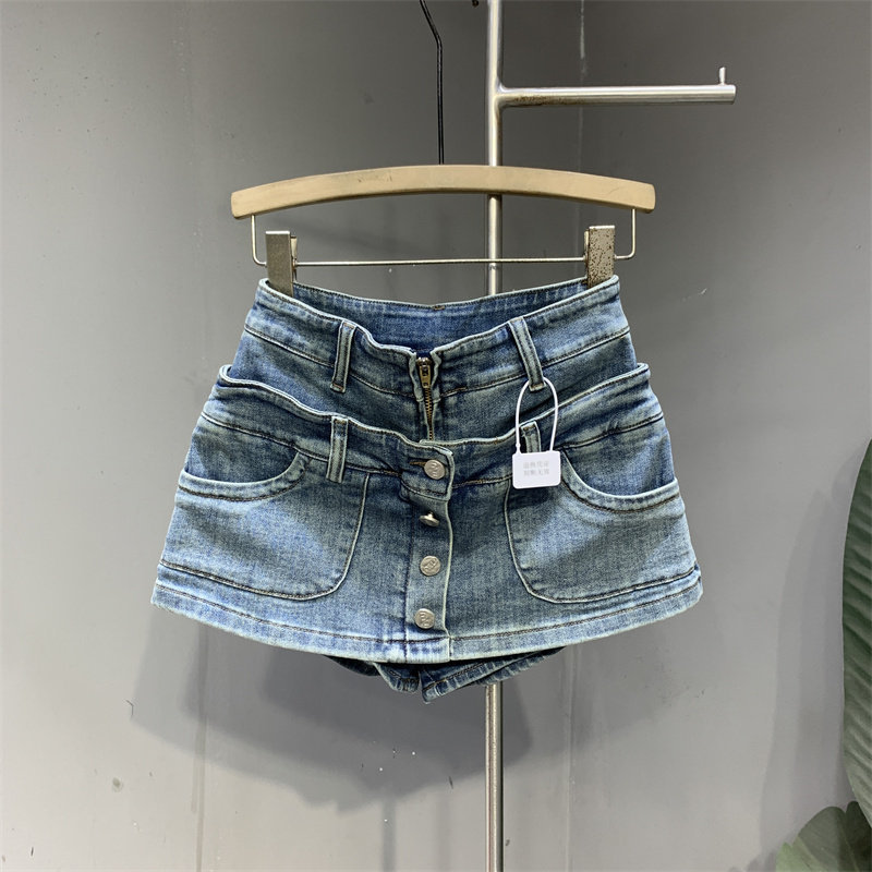 Jupe courte en jean effet deux pièces pour femme, style décontracté américain, délavée, rétro, coupe trapèze, boutonnée, été