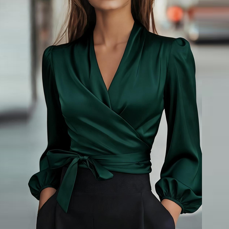 Sexy col en V froncé Blouse chemise à manches longues Satin solide élégant bureau montre de sport chemise femmes mode printemps automne à lacets hauts