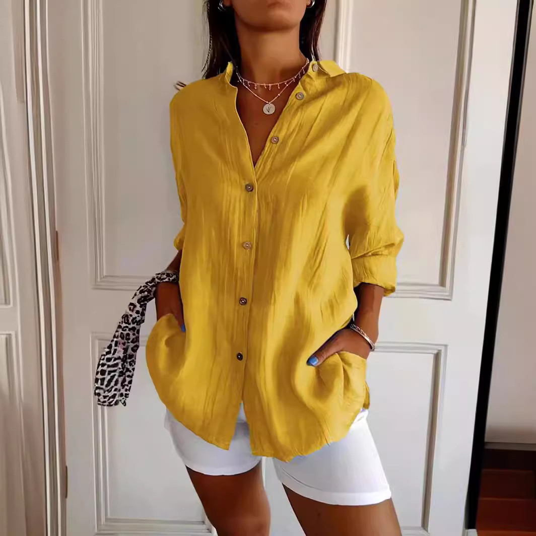 Chemise à revers à manches longues pour femmes, chemise à boutonnage simple, chemisiers en Y pour femmes, chemise décontractée pour documents, monochromatique, marron, noir, blanc, nouvelle mode