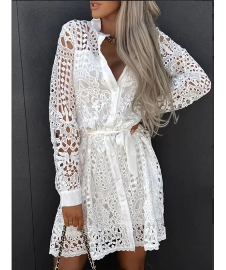 Robe chemise en dentelle évidée pour femme, mini robe élégante, bouton à lacets, dame de bureau, sexy, femme, printemps, automne
